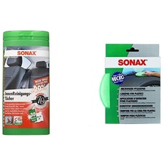 SONAX InnenReinigungsTücher Box (25 Stück) zur Reinigung Aller Flächen im Fahrzeuginnenraum & MicrofaserPflegePad (1 Stück) für gleichmäßiges Auftragen von Kunststoffpflegemitteln