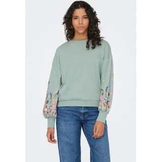 Sweatshirt ONLY "ONLBROOKE L/S O-NECK FLOWER SWT", Damen, Gr. XS, jadeite print:l. flower, Sweatware, Obermaterial: 60% Baumwolle, 40% Polyester, regular fit normal, Rundhals, Rippbündchen, Sweatshirts Sweatshirt, Baumwollmischung, regular fit