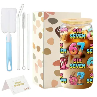 Aurelx 67 Six Seven Trinkbecher mit Deckel Und Strohhalm, Glas mit Deckel Und Strohhalm, Aesthetic Gläser für Bubble Tea, Italian Brainrot Trinkglas Geschenk mit Farbbox, Grußkarte, Tassenbürsten