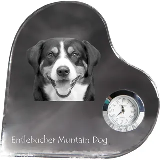 Entlebucher Sennenhund - Kristalluhr mit einem Hundebild, Herzregal-Uhr, personalisierte Standuhr der Marke Art-Dog - Transparent