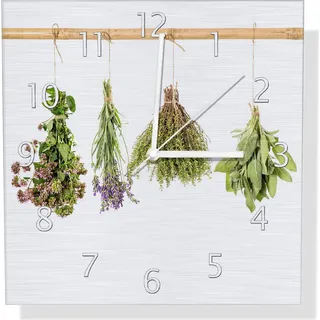 Wallario Design Wanduhr Verschiedene Kräuter an der Leine aus Aluverbund, Größe 30 x 30 cm - Weiß