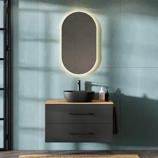 Planetmöbel Waschtischunterschrank LUX 100 cm Gold Eiche / Anthrazit mit Waschbecken 42 cm Schwarz