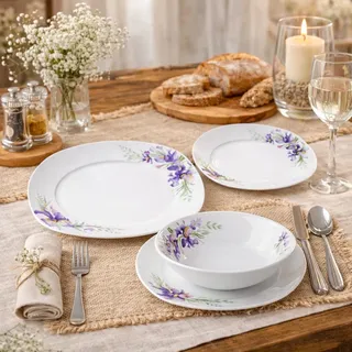 Prima Deco IRYS Tafelservice aus Porzellan – 36 Teile für 12 Personen, quadratisch, Teller-Set spülmaschinen- & mikrowellengeeignet - Weiß, Grün, Violett, Gelb