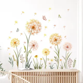 Tanlaby Gelb Löwenzahn Wandaufkleber Pflanzen Schmetterling Wandsticker Blüten Pusteblumen Wandtattoo für Kinderzimmer Wohnzimmer Schlafzimmer Flur Wanddeko