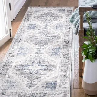TOPICK Läufer Flur Waschbar Grau Küche Läufer Vintage Blume Orientalischer Dünner Faltbar Teppich für Brücken Schlafzimmer Wohnzimmer Tisch rutschfest Teppichläufer Flurteppich 60x180cm