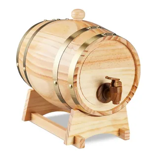 Relaxdays Schnapsfass Natur Gold Holz 2,2 l mit Zapfhahn , Hellbraun , Holz, Metall, Kunststoff , 18.5x25x27 cm , Barzubehör & Weinzubehör, Barzubehör