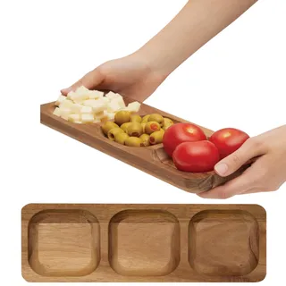 noTrash2003 2 Stück Snackschalen Doppelset Servierschale aus geöltem Akazienholz mit 3 Unterteilungen für Nüsse, Knabbereien, Oliven, Süßigkeiten, Gewürze in 30 x 11 x 2 cm, Tischdekoration