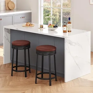 Drehbare Barhocker, 2er Set Barstühle, 61cm hoch Küchenthekenhocker mit Kunstledersitz und stabilem Metallrahmen, Hocker für Bartisch, Küchenstühle mit Metallgestell mit Fußstütze, Ohne Lehne - Braun