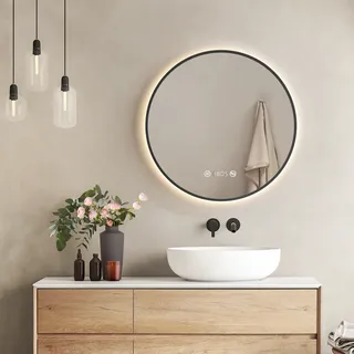 EMKE LED Badspiegel Rund 60 cm Badezimmerspiegel mit Beleuchtung Wandspiegel mit Touchschalter, Beschlagfrei, Uhr und Dimmbar - Schwarz