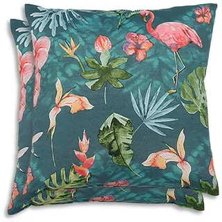 Zierkissenset , Blau, Grün, Rosa , Textil , 2-teilig , Flamingo , Füllung: Polyester, Hohlfaser , quadratisch , 48x48 cm , Oeko-Tex® Standard 100 , pflegeleicht, hochwertige Qualität, langlebig, für den Außenbereich geeignet , Gartenmöbel, Gartenpolster & Auflagen, Gartenkissen