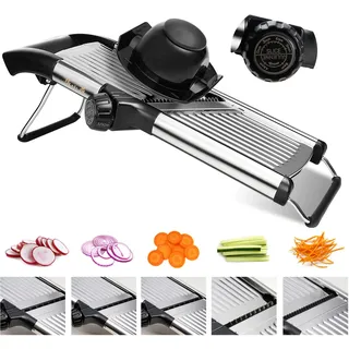 Mandoline Gemüsehobel 5-in-1 verstellbar aus Edelstahl, Multifunktionaler Gemüseschneider mit ultrascharfen Klingen für Kartoffeln, Zwiebeln, Obst und Gemüse