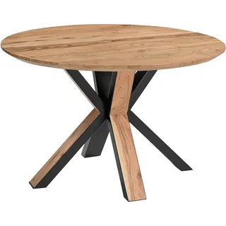 Runder Esszimmertisch Akazie naturfarben Schweizer Kante 105 cm Spider-Gestell schwarz aus Metall + Holz KIMBERLY - Naturbelassen
