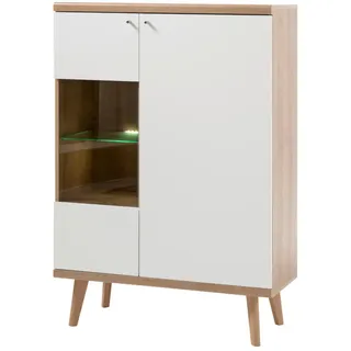 Furn.Design Highboard weiß Eiche Riviera, Vitrine skandinavisch 90 x 134 cm , Weiß, Eichefarben , Holzwerkstoff , Nachbildung,Eiche , Uni , 5 Fächer , konisch , 90x134x40 cm , FSC 100% , Kleinmöbel, Kommoden, Highboards