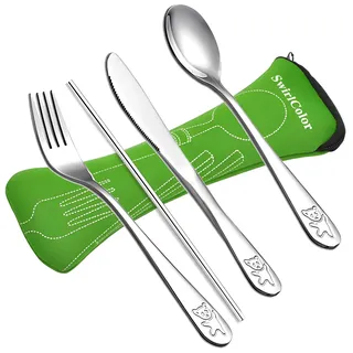 Kinderbesteck Set, 4 Stück Kinderbesteck Edelstahl Messer Gabel Löffel Stroh Set für Zuhause Picknick Camping Reise, with Bestecktasche