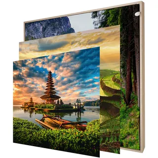 INFORMA LED Bilderrahmen in Holz Optik, 3 Wechsel Bilderrahmenbezüge Thema Asien, Rahmenlos, 50 x 50 cm, 27 LEDs, austauschbare Motive mit UV Direktdruck