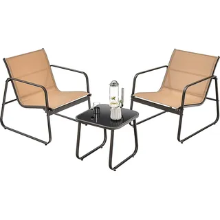COSTWAY 3tlg. Gartenmöbel Set, Balkonmöbel Balkonset, Tisch und 2 Stühle, atmungsaktiver Stoff, Terrassenmöbel Gartengarnitur Sitzgruppe für Terrasse, Balkon, Garten - Braun, Schwarz