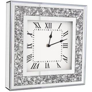 Crystal Crush Diamond verspiegelte quadratische Wanduhr mit funkelndem Glitzer-Diamant-Dekor für Wanddekoration, 30,5 x 30,5 cm, dekorative silberne Spiegel-Quarzuhr für Heimdekoration, AA-Batterie