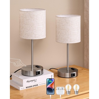 EDISHINE LED Nachttischlampe Touch Dimmbar 2er Set, Tischlampe Modern, Kleine Lampe, mit Ladefunktion, 2 USB Anschlüsse, Steckdose, für Deko Schlafzimmer, Wohnzimmer, Fensterbank, Geschenk, Leinen