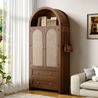 Merax Kleiderschrank im Korbgeflecht-Bogenstil,Sideboard mit Doppelschubladen und Rattan-Türen, Vintage Aufbewahrungsschrank mit Haken, Nussbaum - Braun