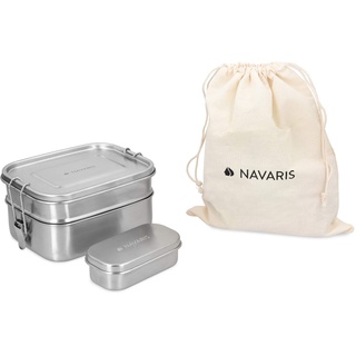 Navaris Brotdosen Set 3-teilig - Doppeldecker Lunch Box aus Edelstahl inkl. Mini Behälter - Doppel Brotbox Vesperdose Box Metall Behälter