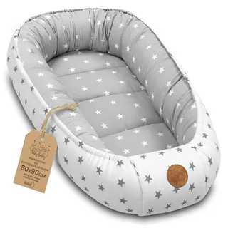 Babynest babynestchen neugeborene 90 x 50 cm baby nestchen tragbar nest für bett kinder kuschelnest coccon für Jungen und Mädchen Sternchen Grau-Weiß