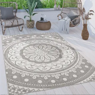 Paco Home Outdoor Teppich wetterfest & robust Mandala Boho Design pflegeleicht flachgewebt Grösse 80x250 cm - Grau