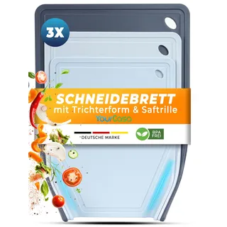 Schneidebrett 3er Set Kunststoff – Rutschfest, Spülmaschinenfest, BPA-frei, Antibakteriell – Trichterform: Gemüse direkt in den Topf – Mit Saftrille