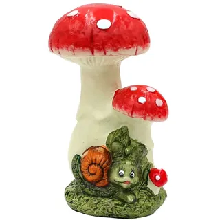 Dekohelden24 Keramik Schnecke/Dekoschnecke mit 2 Pilzen, Gartendeko, Maße ca. 11 x 10 x 18 cm