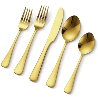 VEVOR 60 tlg. Besteckset in Gold aus lebensmittelechtem Edelstahl, hochglanzpoliertes Essbesteck-Set, spülmaschinenfestes Essgeschirr, Service für 12 Personen, inkl. Messer Gabel Löffel