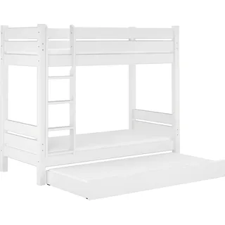 Kiefer-Stockbett massiv weiß 90x200 Etagenbett teilbar Hochbett Zubehör wählbar V-60.16-09WT80Rollrost. Matratze und Gästebettkasten inkl. - Weiß