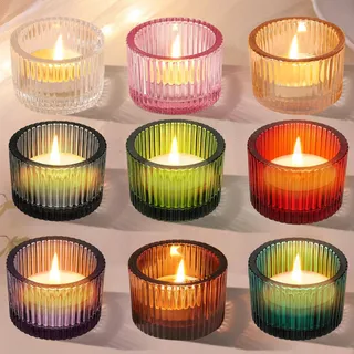 NEWJEK 9er Set Teelichthalter Glas, 5,2 cm × 3,5 cm Klein Teelicht Gläser, Teelichtgläser Kerzenglas, Teelichtglas für Hochzeit Dekoration, Geburtstagsfeier, Weihnachten (9 Farben)