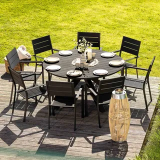 di volio Gartenmöbel OSIMO, Gartenmöbel Set - runder Esstisch & 8 Stühle, aus Kunstholz und Aluminium, stapelbare Stühle, robust & wetterfest - Schwarz, Grau