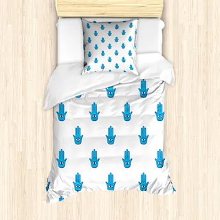 ABAKUHAUS Hamsa Mantele, Cartoon Hand-Augen, Milbensicher Allergiker geeignet mit Kissenbezügen, 135 cm x 200 cm - 80 x 80 cm, Dunkelblau und Blau - Blau