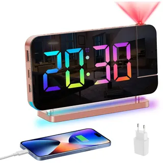 Venchin Wecker Digital: Projektionswecker 180°Projektor, Tageslichtwecker mit Netzteil USB-A & USB-C Ladeanschluss Snooze 12H/24H DST 7,4" LED Tischuhr Modern Digitaluhr Kinder