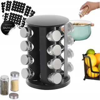 Drehbares Gewürzregal aus Metall, 16x Gläser-Organizer + Etiketten - Silber, Schwarz