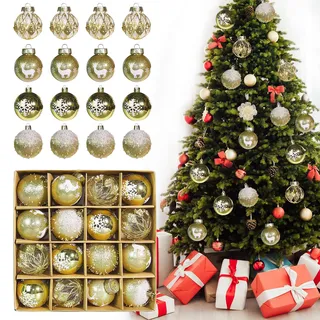 Weihnachtskugeln Kunststoff 6CM 16er Set, Christbaumkugeln Weihnachtsbaumkugeln Set, Personalisierte Weihnachtskugeln Gold & Weiss, Weihnachtsbaumschmuck Kugeln, Weihnachtsdeko Außen Innen