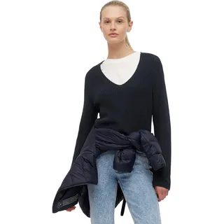 Marc O'Polo Damen, Strickpullover aus Bio-Baumwolle mit V-Ausschnitt, blau (Night Sky), M,