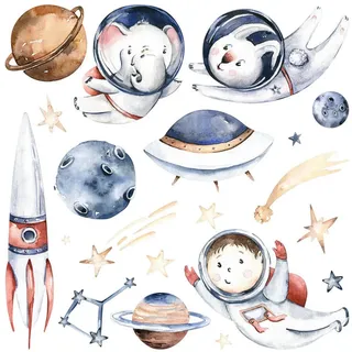 Wallfluent Wandaufkleber 100x172cm - Kleine Astronauten , Multicolor , Kunststoff , Rechteckig , 100x172x0.1 cm , Tapeten & Wandverkleidungen, Wandtattoos & Sticker, Wandtattoos