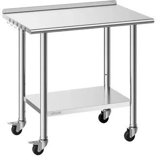 VEVOR Edelstahltisch Gastro 915 x 610 x 894 mm, Verstellbarer Edelstahltisch mit Rollen, Aufkantung (30 mm), Arbeitstisch mit Grundboden für Restaurant Obere Ablage (227 kg) Untere Ablage (191 kg)