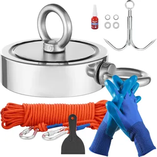VEVOR Magnet-Angelset Magnet Angel Kit (Orange) 771 kg doppelseitige Zugkraft, Seltenerd-Neodym-Magnet-Angelset inkl. Haken Hochleistungsseil Handschuhe (Blau) Ringschraube Kleber Schaufel
