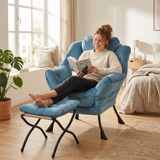 Sessel mit Hocker, Armlehnen, Seitentasche, Fußstütze, Loungesessel, Fernsehsessel - Blau