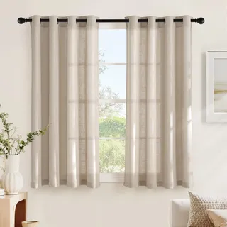 Nicetown Kurz Gardinen Leinenvorhang mit Ösen für Wohnzimmer 2er Set H 160 x B 140 cm Kammelbraun,Leinenoptik Ösenvorhang Boho Gardine Halbtransparent Schlafzimmer