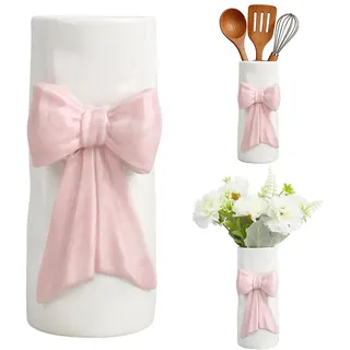 WADORN Handgefertigte Pink Schleife Keramik Besteckhalter 3D Coquette Kochutensilien Steingut Für Küchenarbeitsplatte Niedliche Dekorative Porzellanvase Für Arbeitsplatte Zuhause Wohnzimmertisch