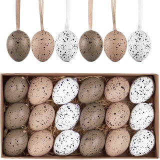 Valery Madelyn 18er Ostereier zum Aufhängen für Osterdeko,4cm Naturfarbene künstliche Mini Ostereier für Ostern Deko,Braun Weiß Ornament für Osterkörbchen Frühlingsdeko,Ostern Geschenke Kinder