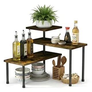ONZGOIN Eckregal Küche Arbeitsplatte — Küchenregal Ecke mit Holzoberfläche, Kleines Eckregal Organizer, Gewürzregal Standregal, 3-Tier Küchenregal ohne Bohren