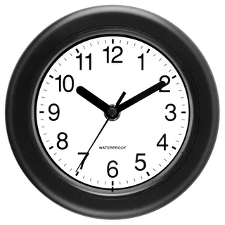 KIZLOC 17 cm Wanduhr Outdoor wetterfest, Gartenuhr draußen wasserfest, Tischuhr ohne Tickgeräusche lautlos, Quarz batteriebetriebene Uhr für Garten, Terrasse, Schwimmbad, Badezimmeruhr (Schwarz)