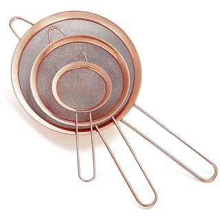 Kupfer Fine Mesh Sieb 3 Stück Set, Roségold Mehlsieb zum Backen, Edelstahl Clander, Kupfer Matcha Teesieb, Soßenabscheider, Stasher Sieb Nudelsiebe