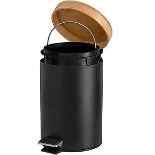 Solly ́s 3l Kosmetikeimer mit Bambus Deckel, Treteimer mit Absenkautomatik für das Bad, Schwarz
