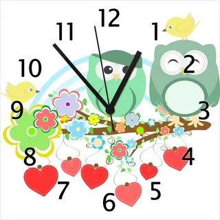 Wallario Design Wanduhr Bunte Eulen mit kleinen Vögeln auf dem Ast aus Echtglas, Größe 30 x 30 cm - Weiß