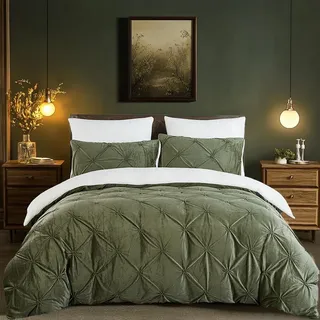 Winter Bettwäsche 135x200cm Flanell Fleece Grün Weiß Wendebettwäsche Set Flauschig Plüsch Sherpa Cashmere Touch Pintuck Bettbezug und Kissenbezug 80x80cm mit Reißverschluss,Oeko-Tex Zertifiziert